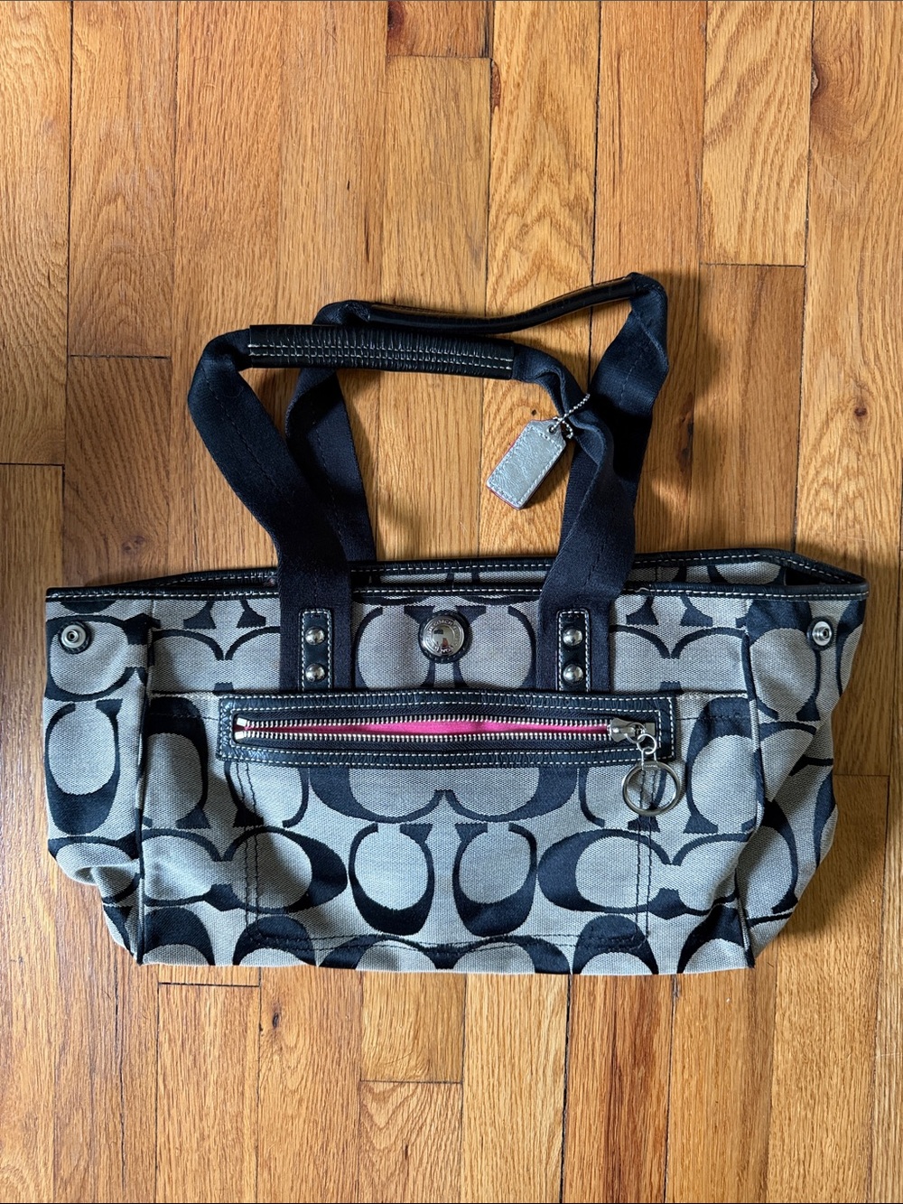 Coach Black & Gray Signature Tote with Front Zip and Pink Interior